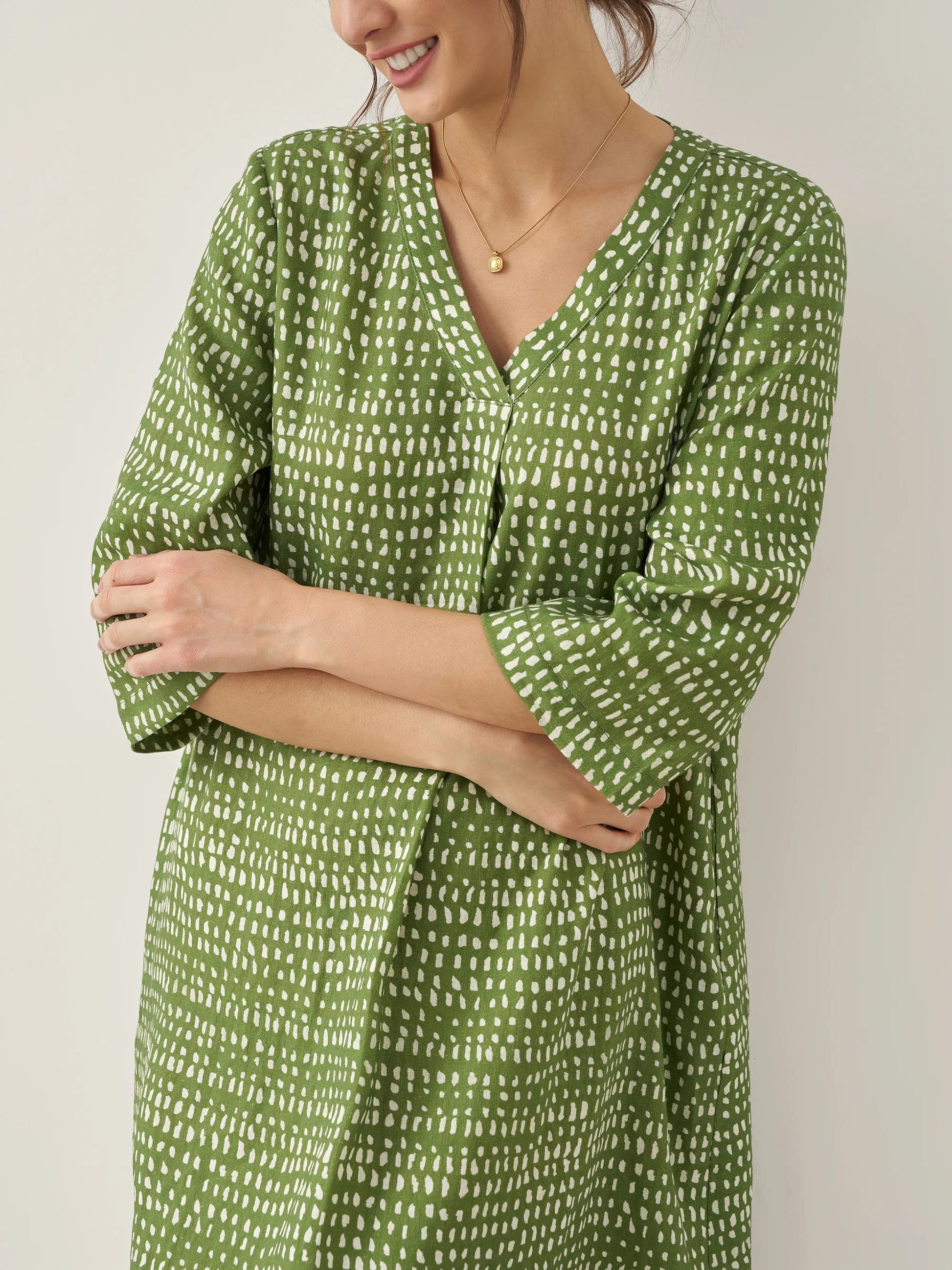 100% Linen V-Neck Dot Midi Dress LIRA LINTICO
