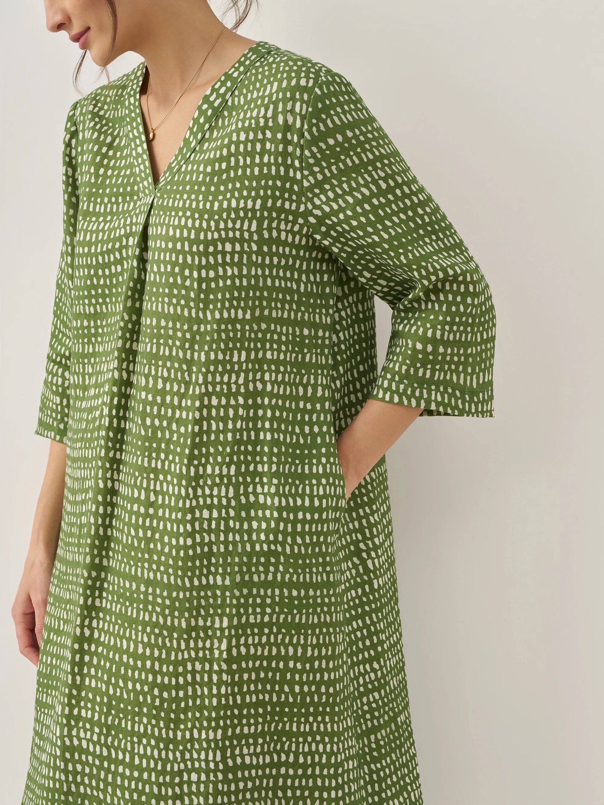 100% Linen V-Neck Dot Midi Dress LIRA LINTICO