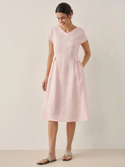 100% Linen Natural Summer V-Neck Dress ALEXA LINTICO