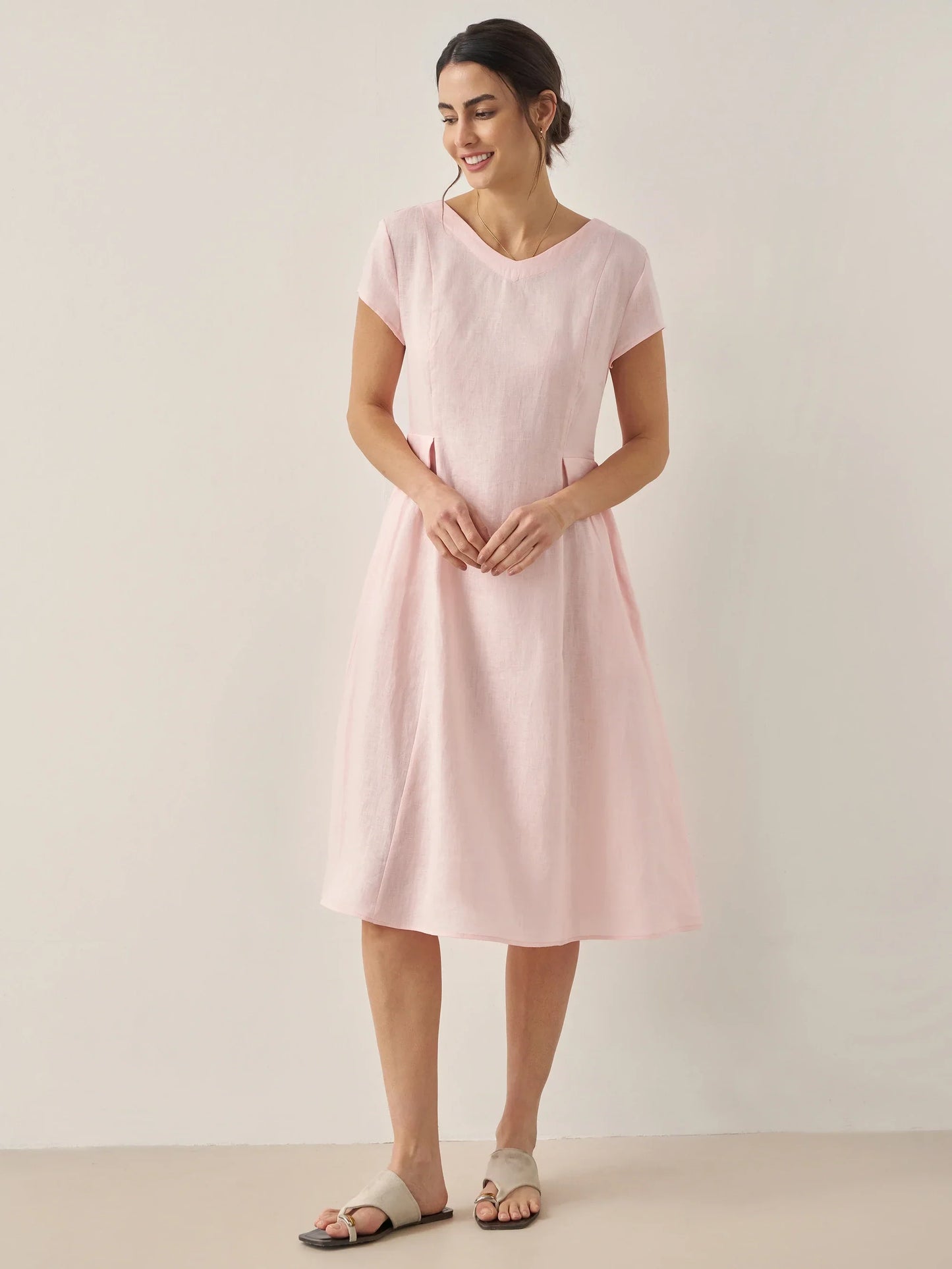 100% Linen Natural Summer V-Neck Dress ALEXA LINTICO