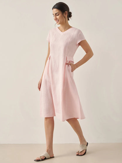 100% Linen Natural Summer V-Neck Dress ALEXA LINTICO