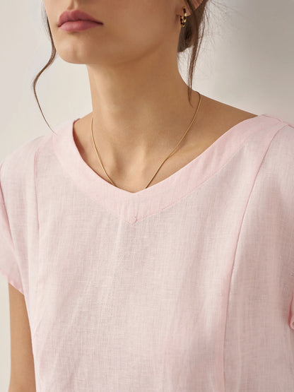 100% Linen Natural Summer V-Neck Dress ALEXA LINTICO