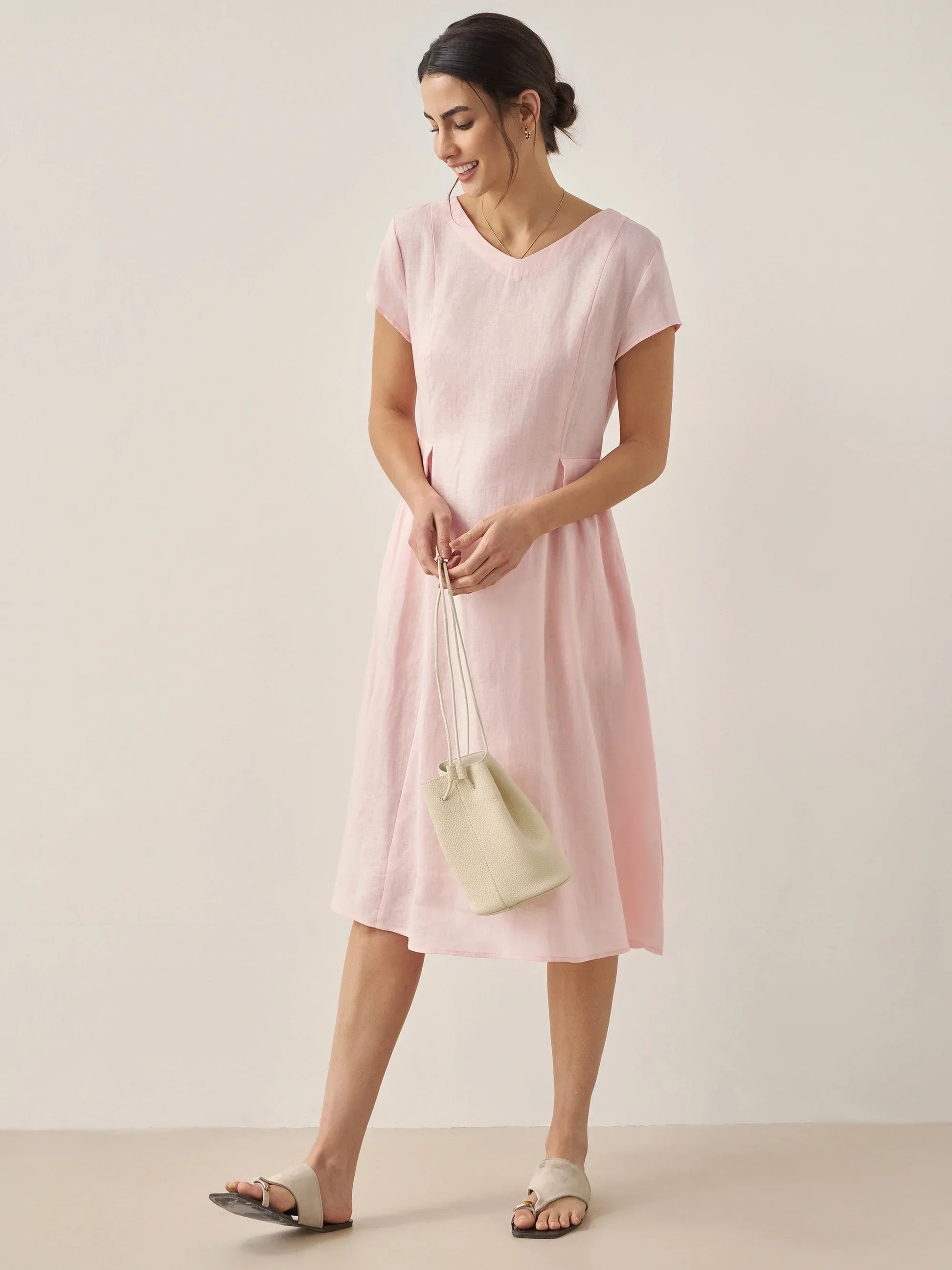 100% Linen Natural Summer V-Neck Dress ALEXA LINTICO