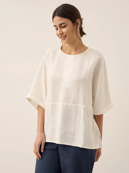 100% Linen Round Neck Mid-Sleeve Top ROBYN