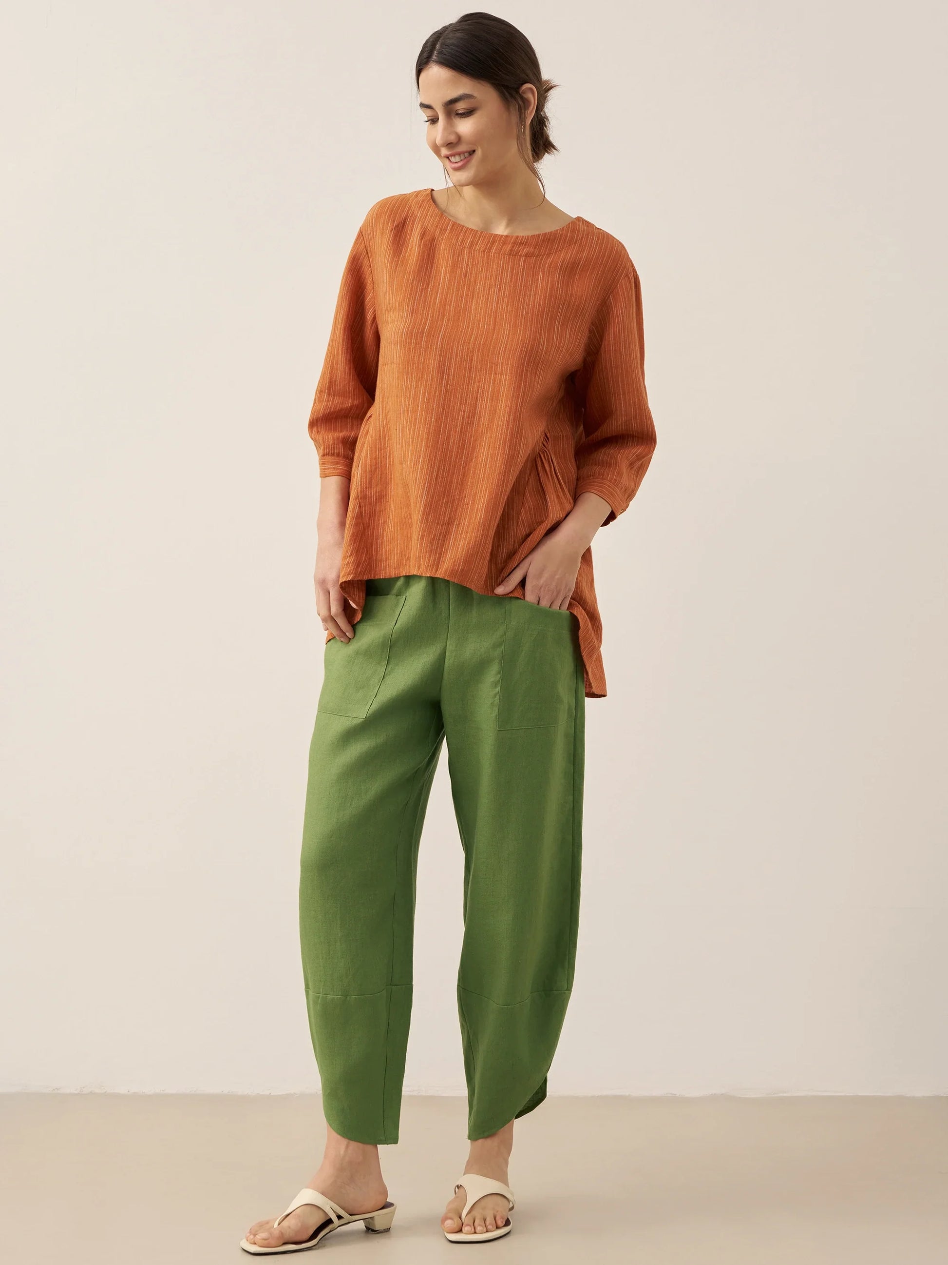 100% Linen Petal-Hem Trousers with Elastic Waist LIV LINTICO