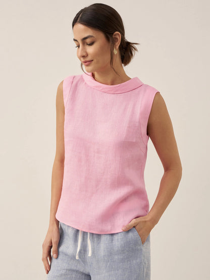 100% Linen Draped Collar Tank Top