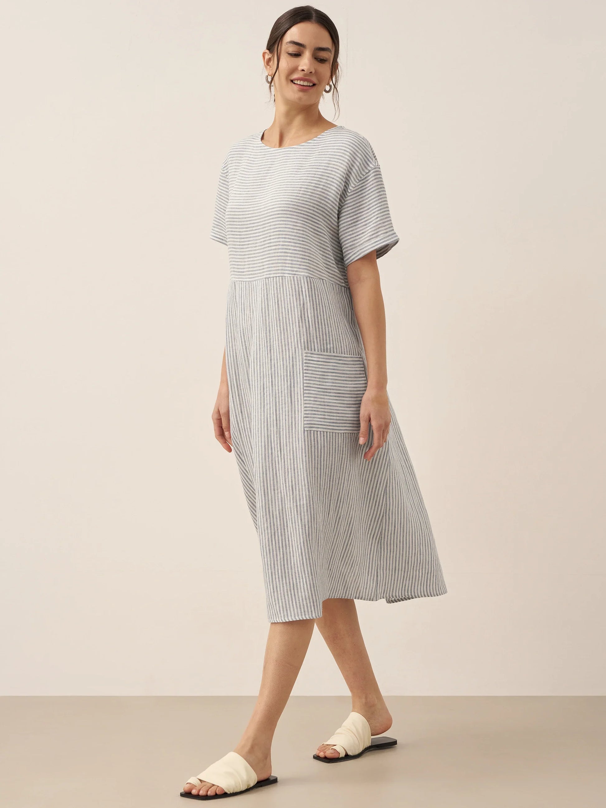 100% Linen Pinstripe Paneled Short-Sleeved Dress MORGAN LINTICO