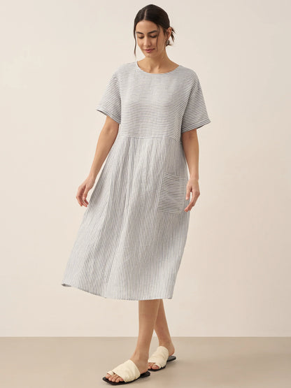 100% Linen Pinstripe Paneled Short-Sleeved Dress MORGAN LINTICO