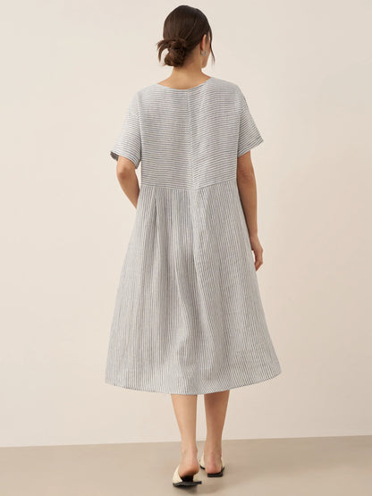 100% Linen Pinstripe Paneled Short-Sleeved Dress MORGAN LINTICO