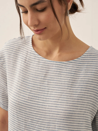 100% Linen Pinstripe Paneled Short-Sleeved Dress MORGAN LINTICO