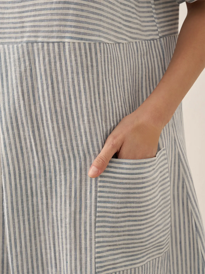 100% Linen Pinstripe Paneled Short-Sleeved Dress MORGAN LINTICO