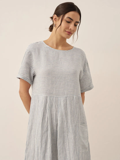 100% Linen Pinstripe Paneled Short-Sleeved Dress MORGAN LINTICO