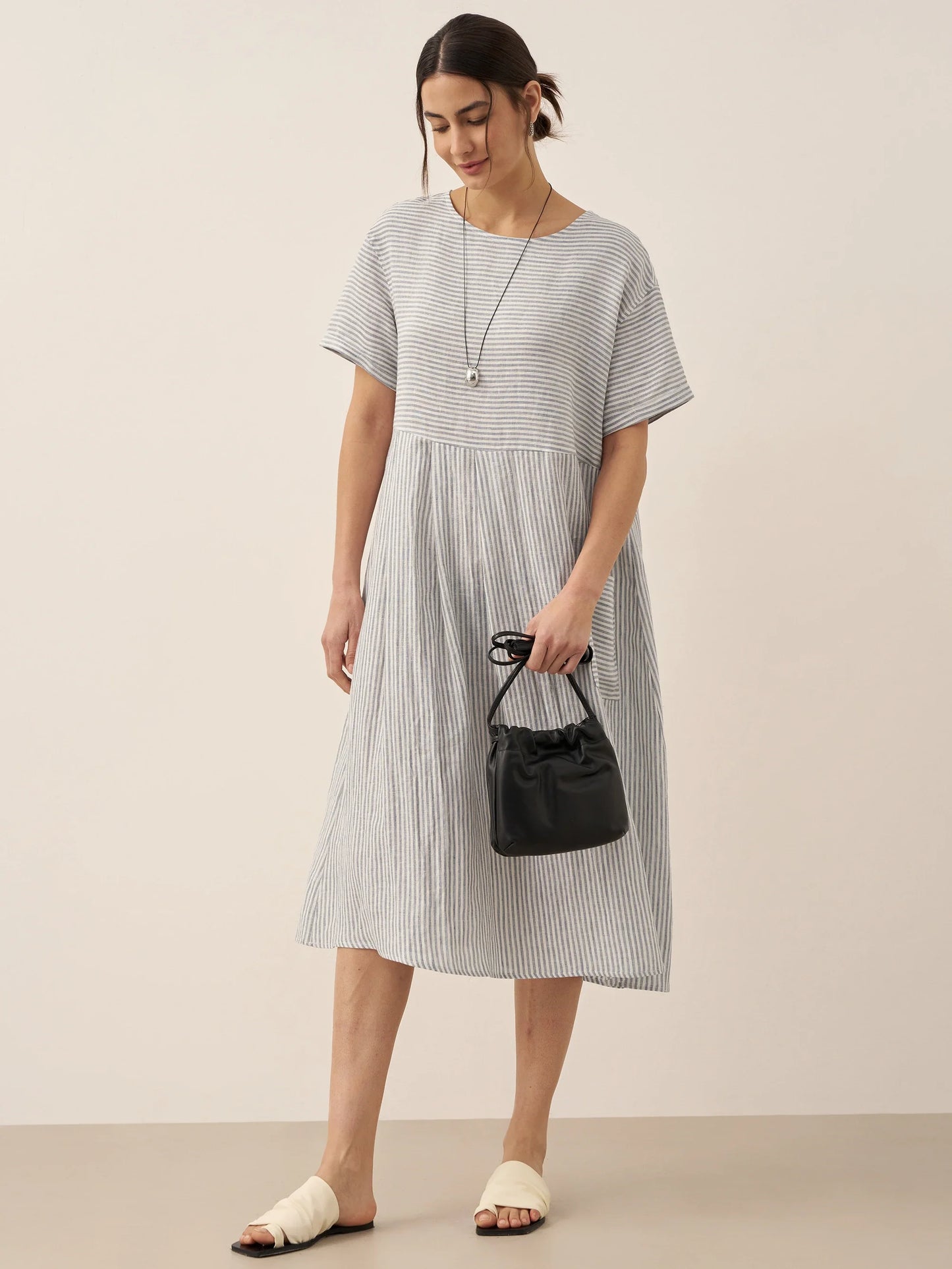 100% Linen Pinstripe Paneled Short-Sleeved Dress MORGAN LINTICO