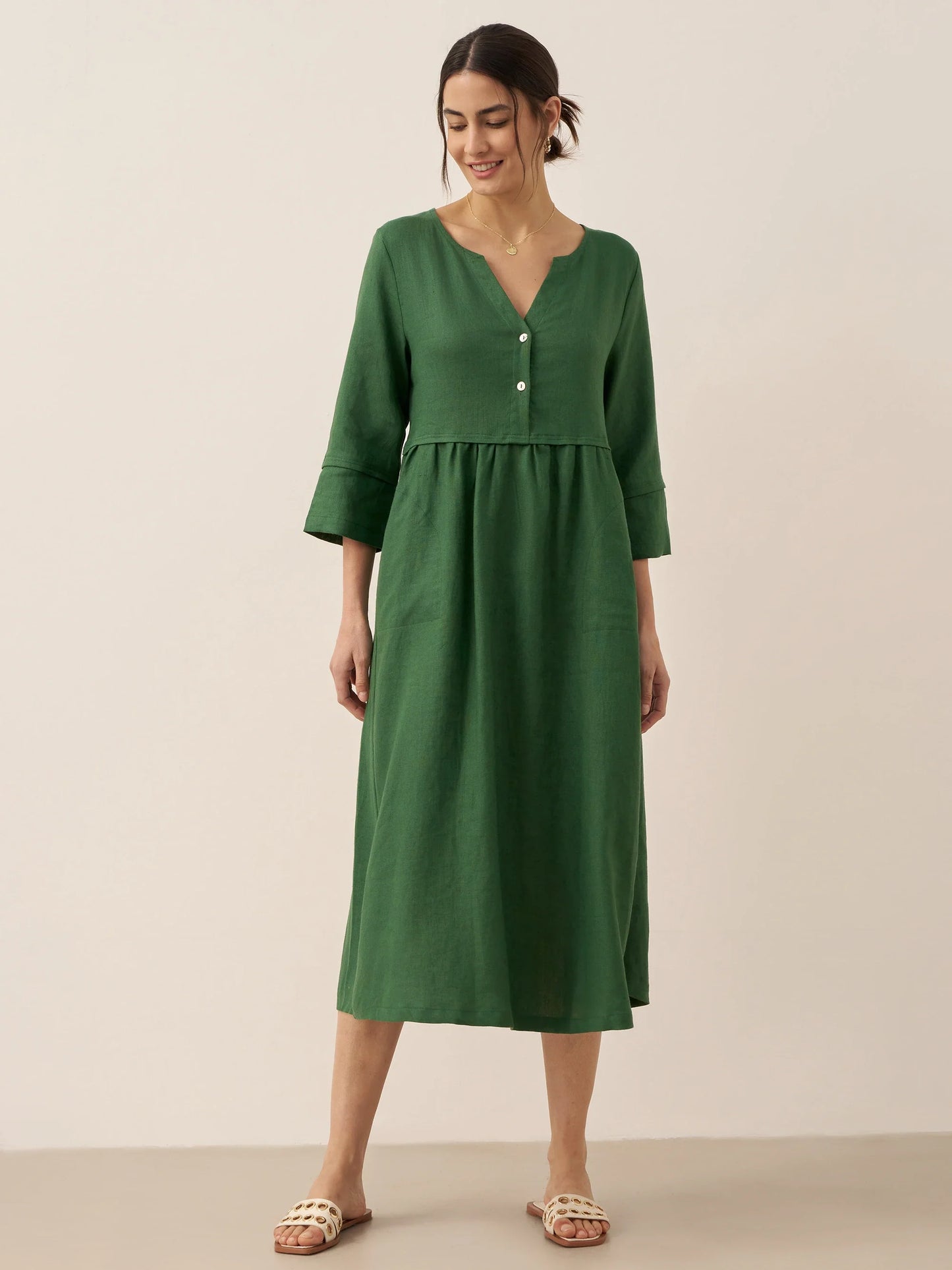100% Linen Loose Fit Button Waist Gathered Maxi Dress LUNA LINTICO