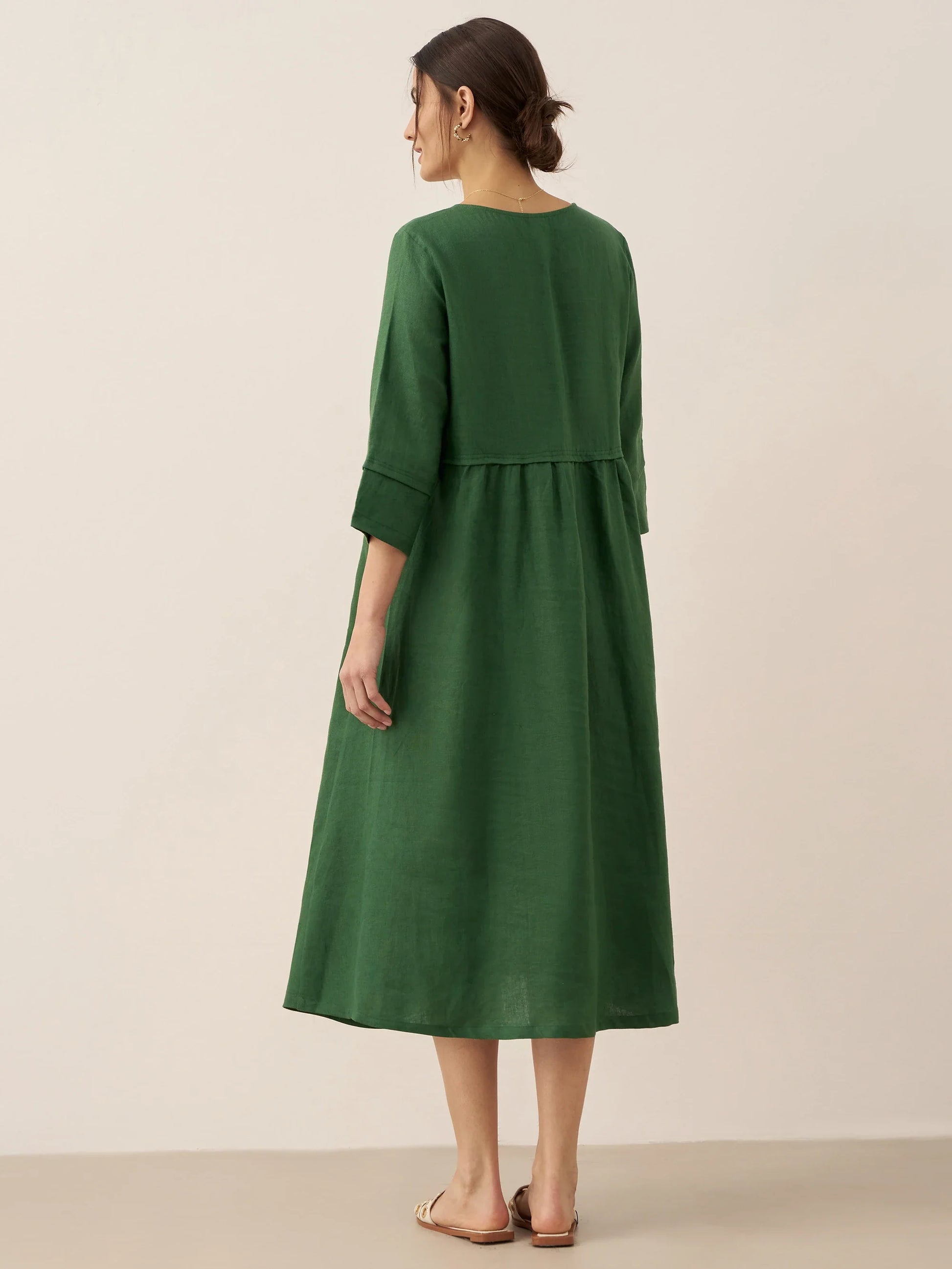 100% Linen Loose Fit Button Waist Gathered Maxi Dress LUNA LINTICO
