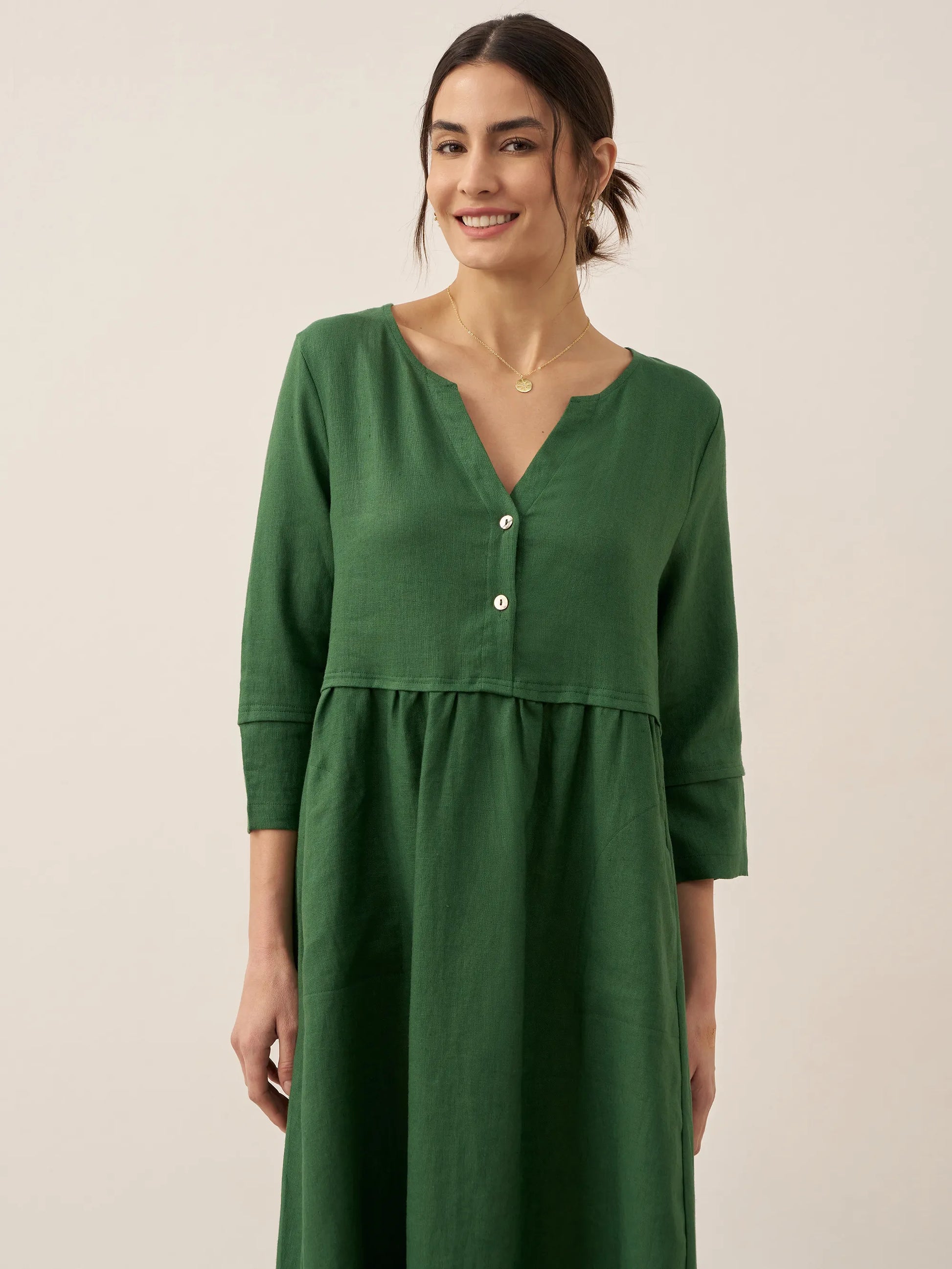 100% Linen Loose Fit Button Waist Gathered Maxi Dress LUNA LINTICO