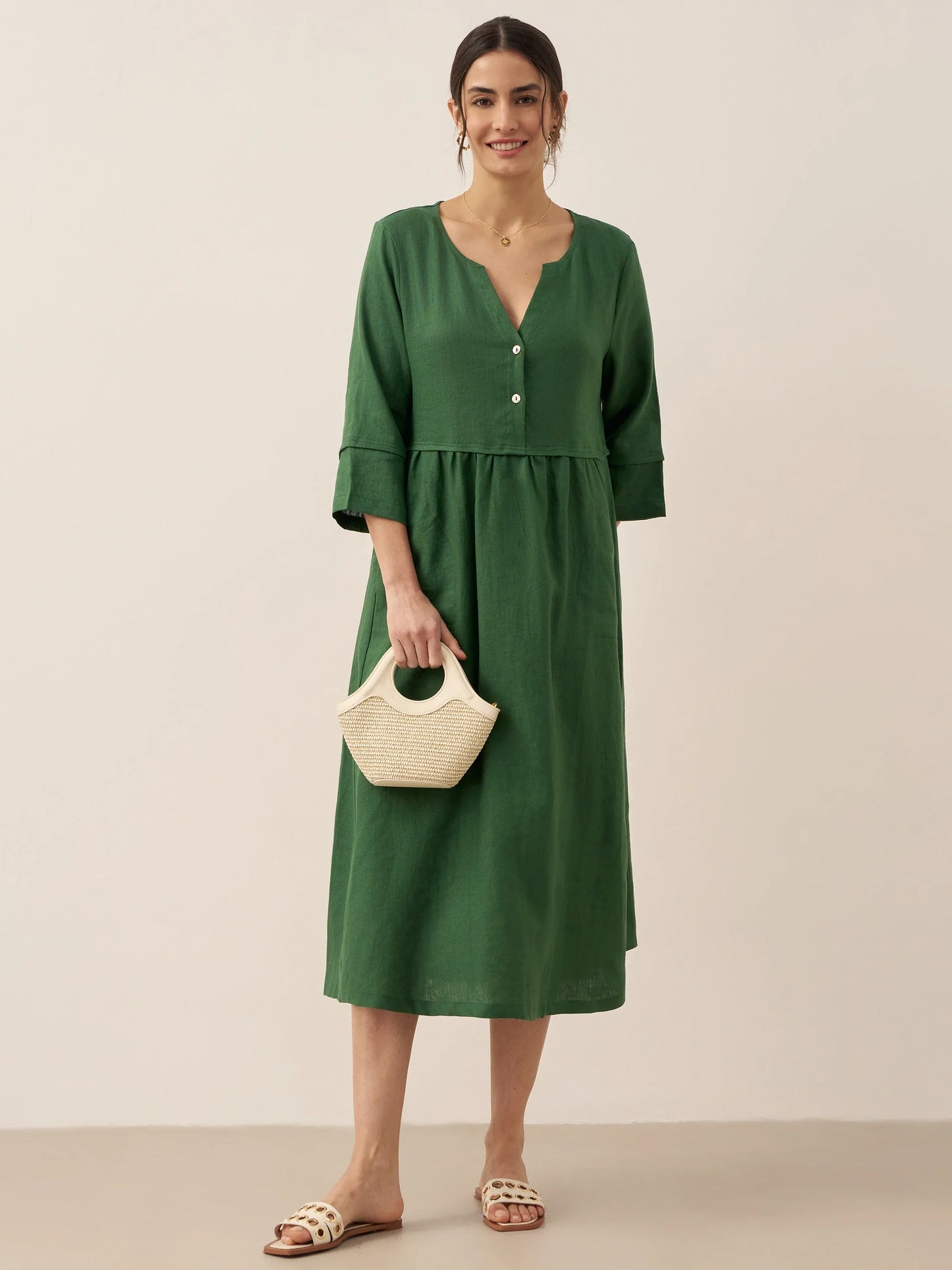 100% Linen Loose Fit Button Waist Gathered Maxi Dress LUNA LINTICO