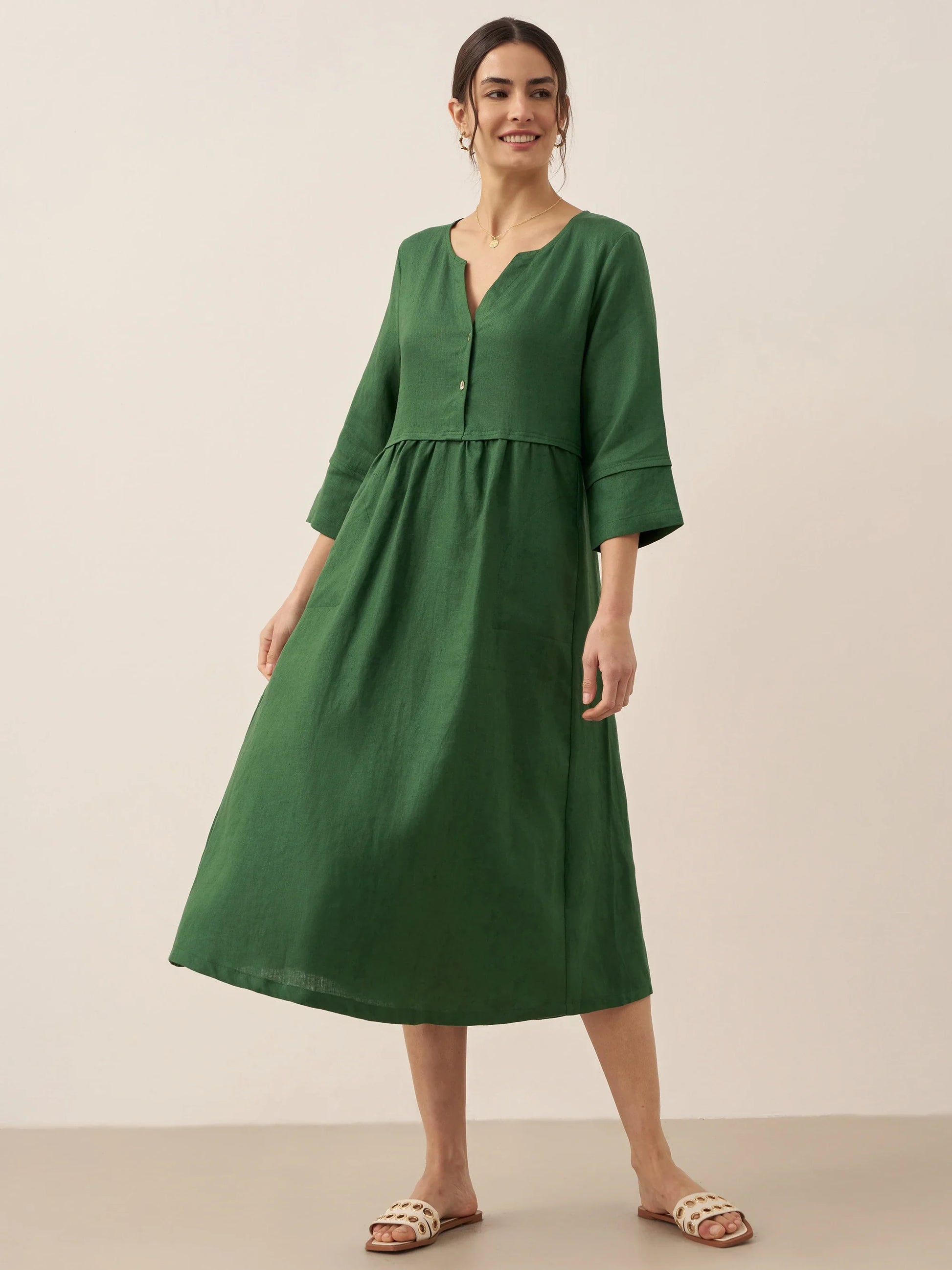 100% Linen Loose Fit Button Waist Gathered Maxi Dress LUNA LINTICO