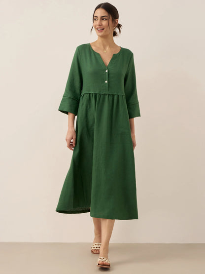 100% Linen Loose Fit Button Waist Gathered Maxi Dress LUNA LINTICO