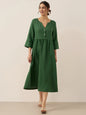 100% Linen Loose Fit Button Waist Gathered Maxi Dress LUNA LINTICO