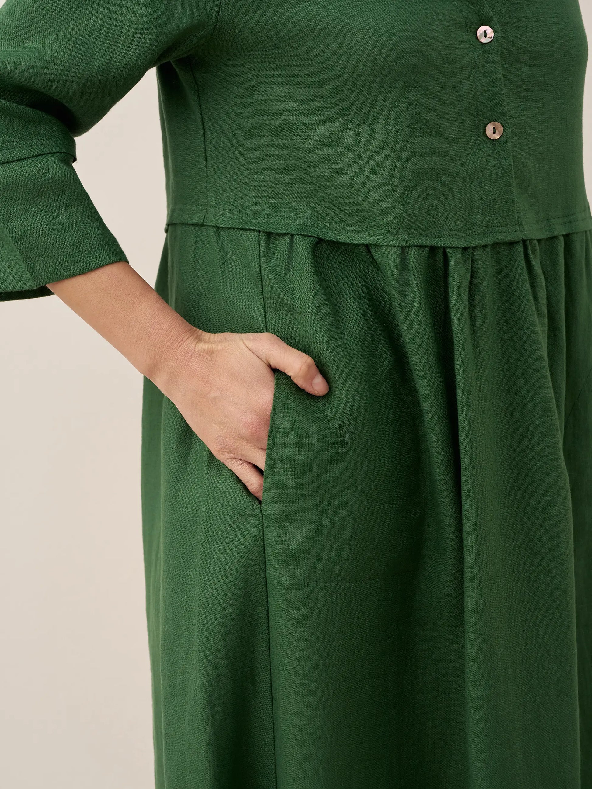 100% Linen Loose Fit Button Waist Gathered Maxi Dress LUNA LINTICO