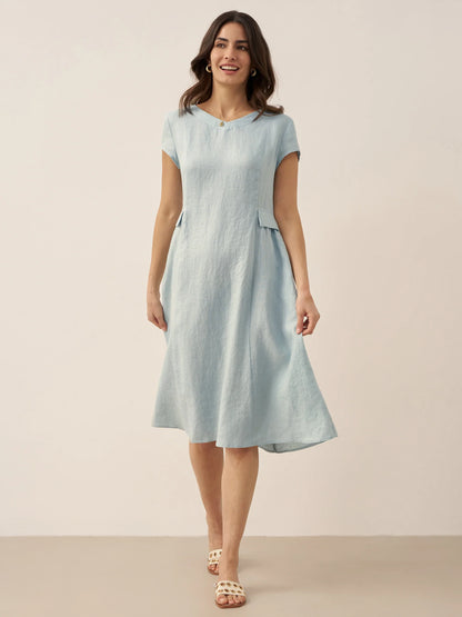 100% Linen Natural Summer V-Neck Dress ALEXA LINTICO