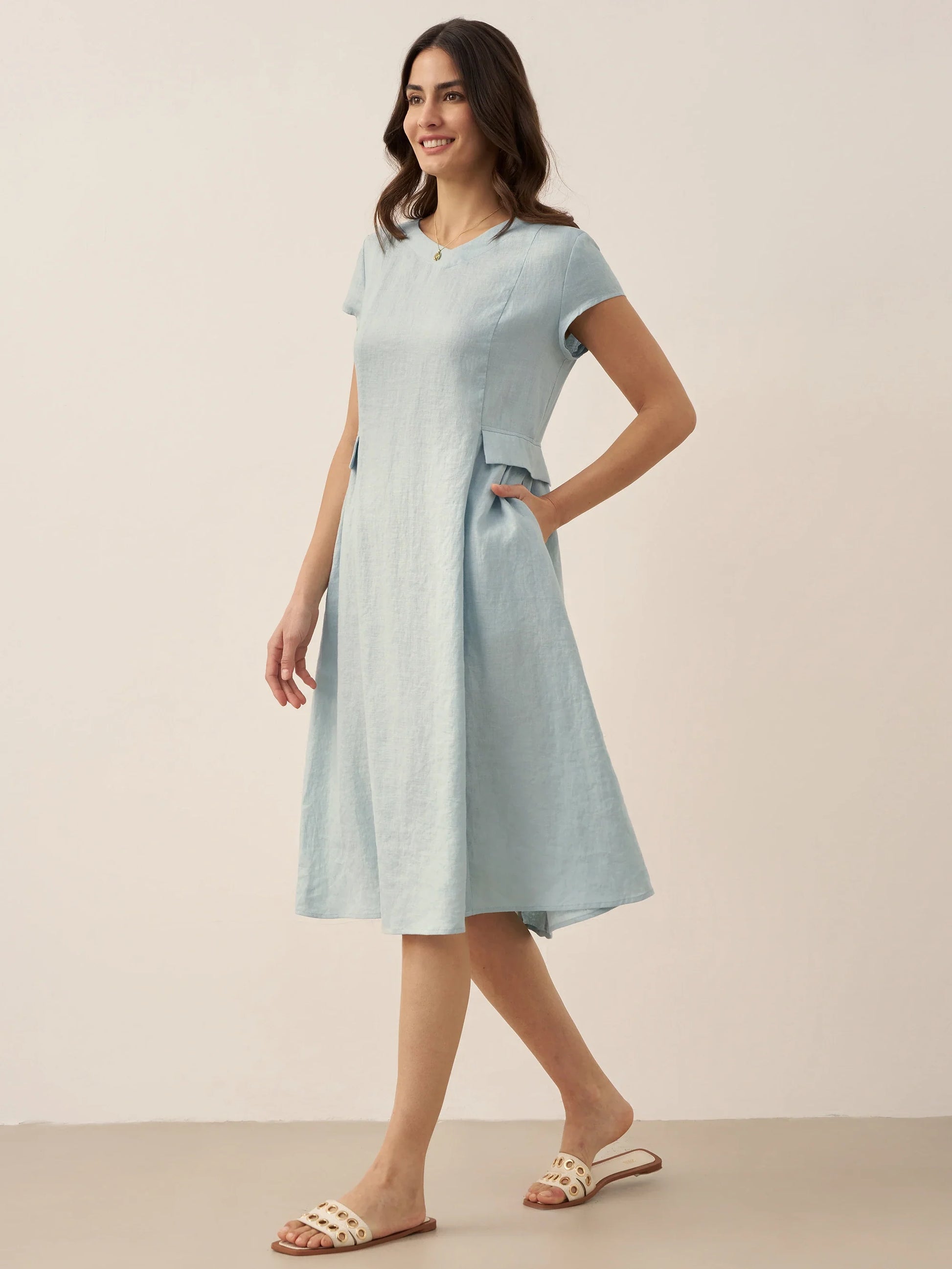 100% Linen Natural Summer V-Neck Dress ALEXA LINTICO