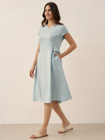 100% Linen Natural Summer V-Neck Dress ALEXA LINTICO