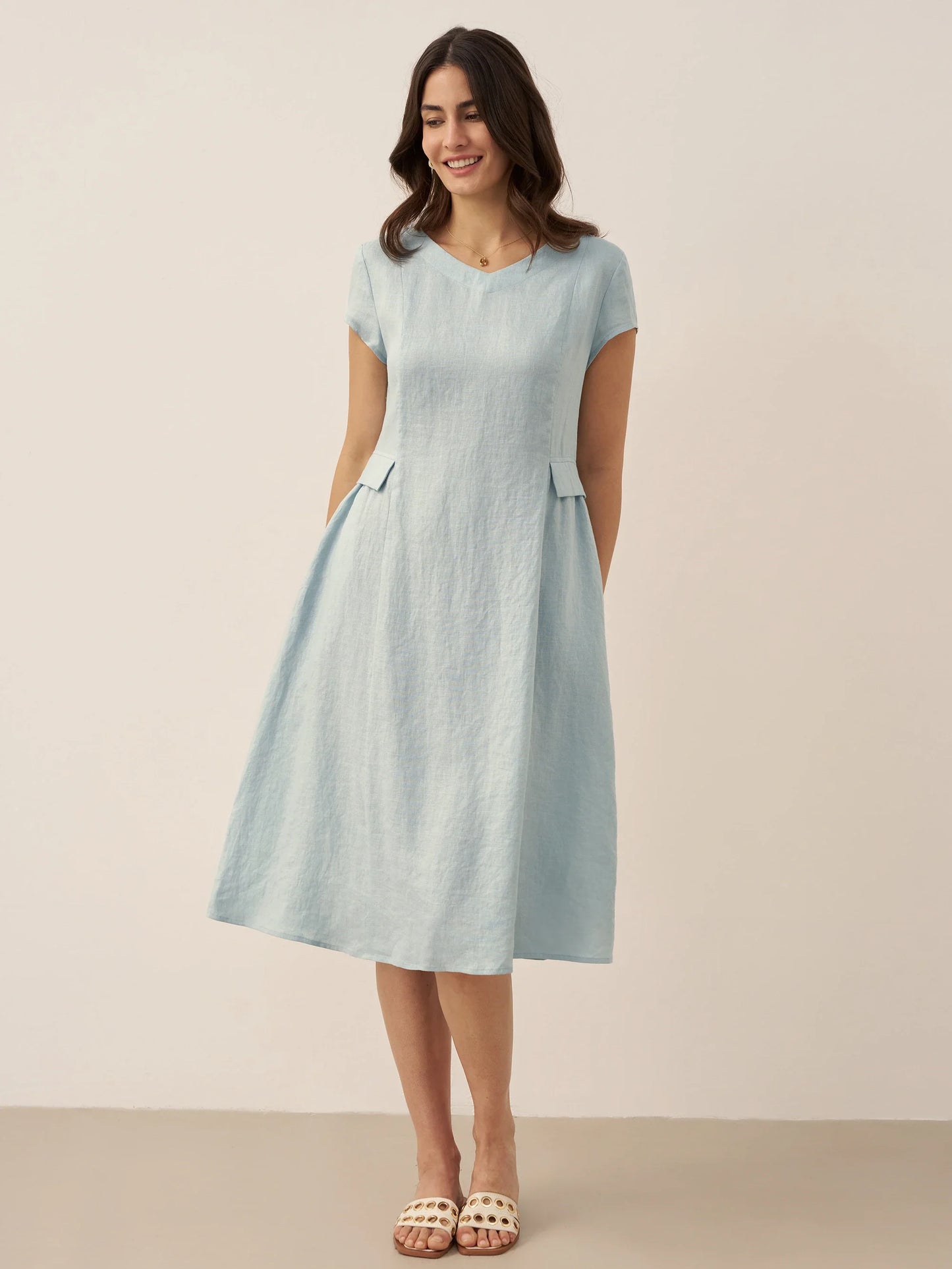100% Linen Natural Summer V-Neck Dress ALEXA LINTICO