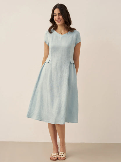 100% Linen Natural Summer V-Neck Dress ALEXA LINTICO