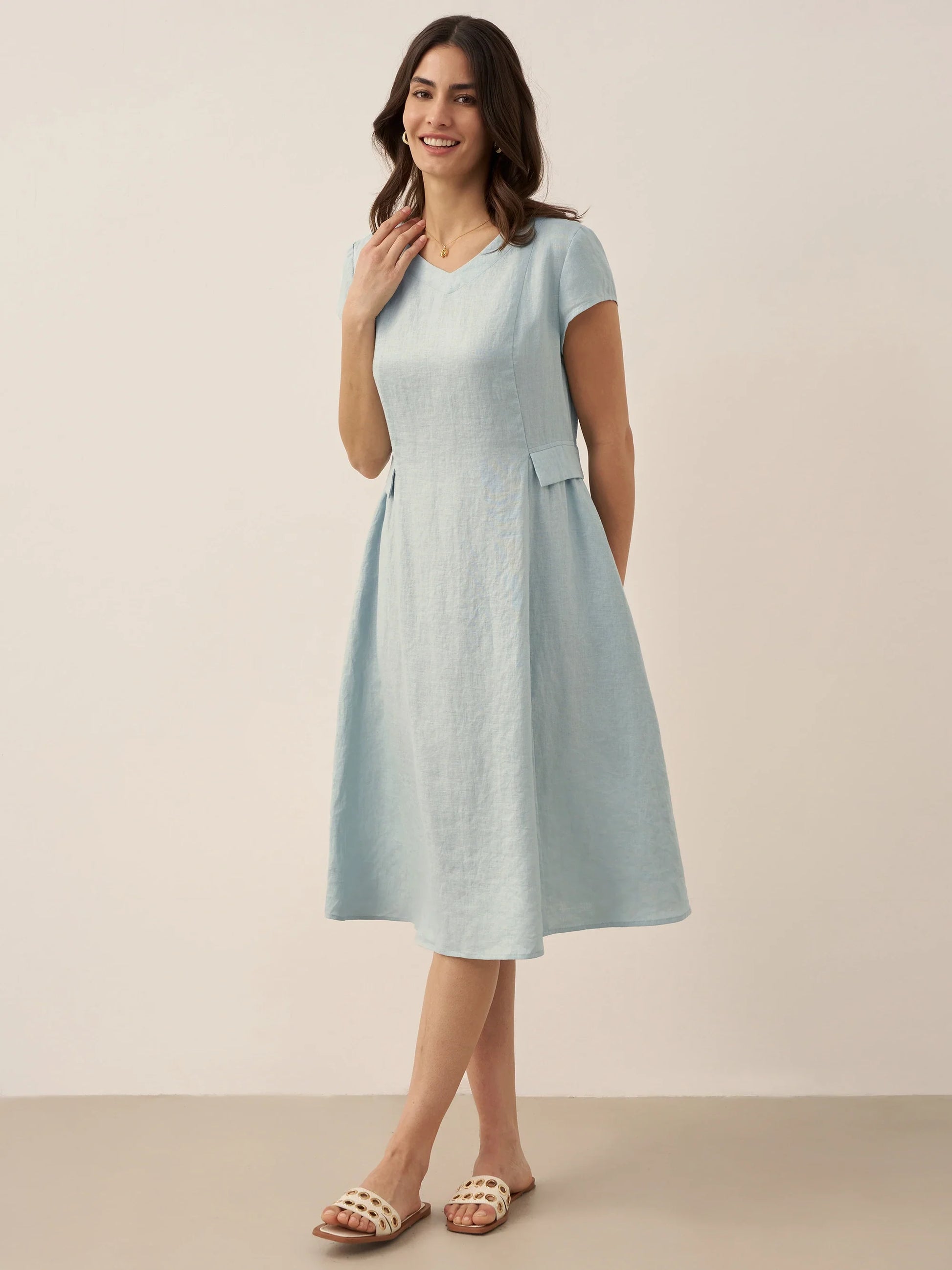 100% Linen Natural Summer V-Neck Dress ALEXA LINTICO