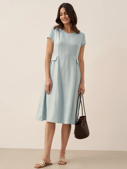 100% Linen Natural Summer V-Neck Dress ALEXA LINTICO