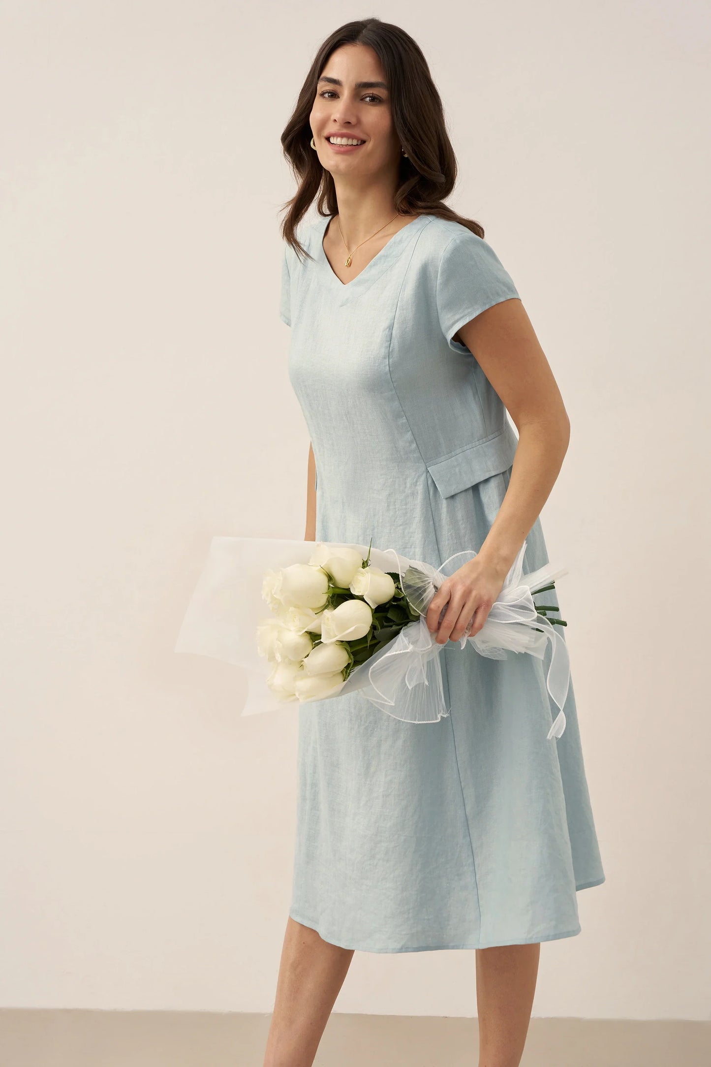 100% Linen Natural Summer V-Neck Dress ALEXA LINTICO