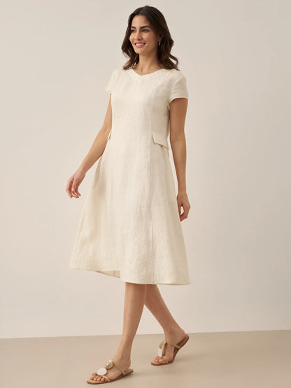 100% Linen Natural Summer V-Neck Dress ALEXA LINTICO