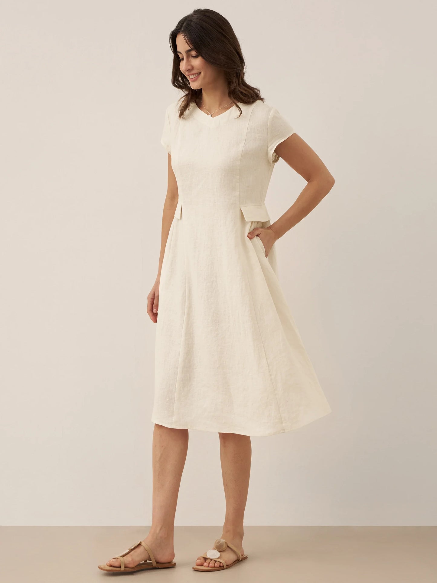 100% Linen Natural Summer V-Neck Dress ALEXA LINTICO