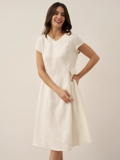 100% Linen Natural Summer V-Neck Dress ALEXA LINTICO