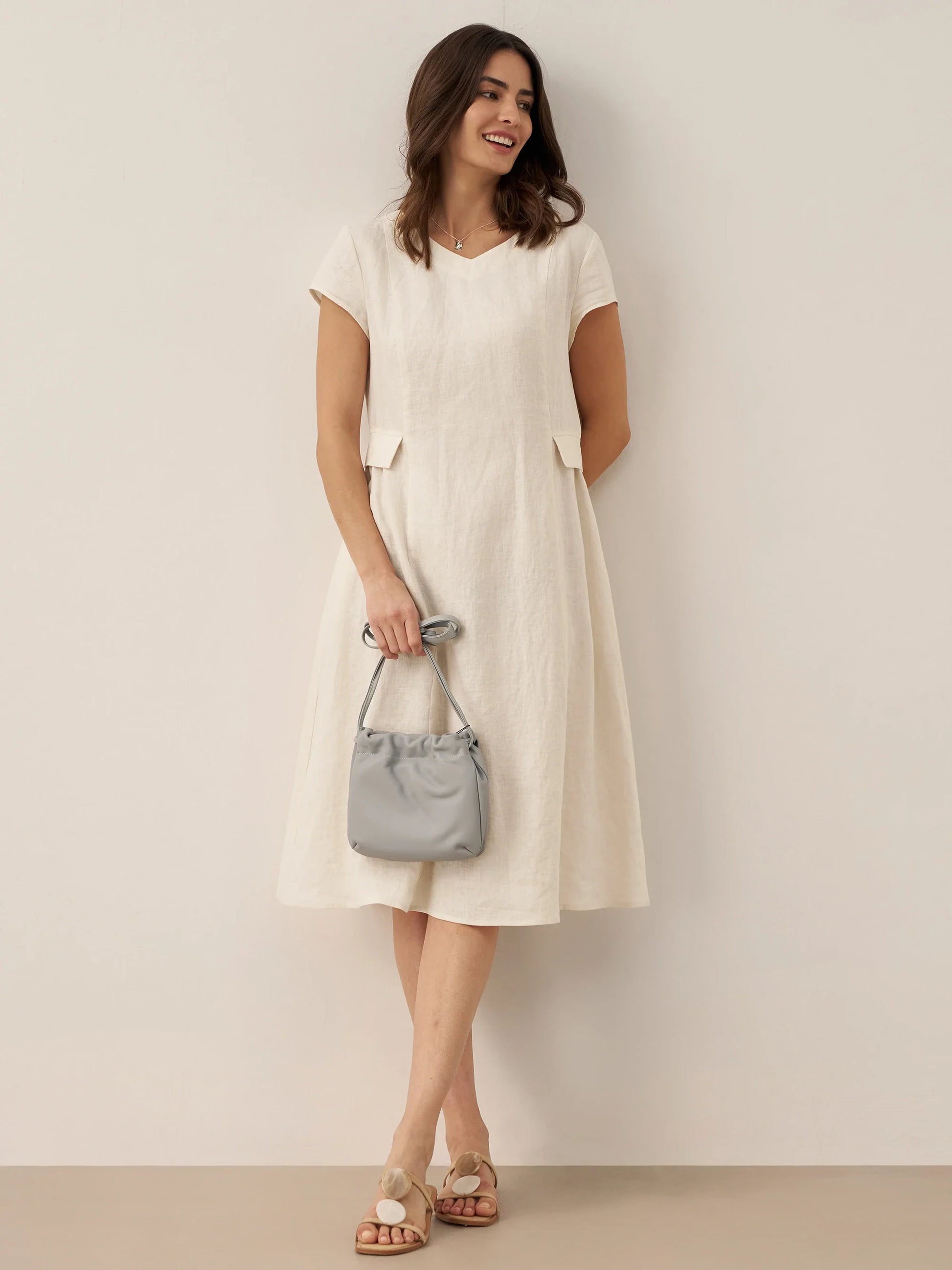 100% Linen Natural Summer V-Neck Dress ALEXA LINTICO