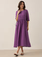 100% Linen Petal-Waist Drawstring Midi Dress JASMINE
