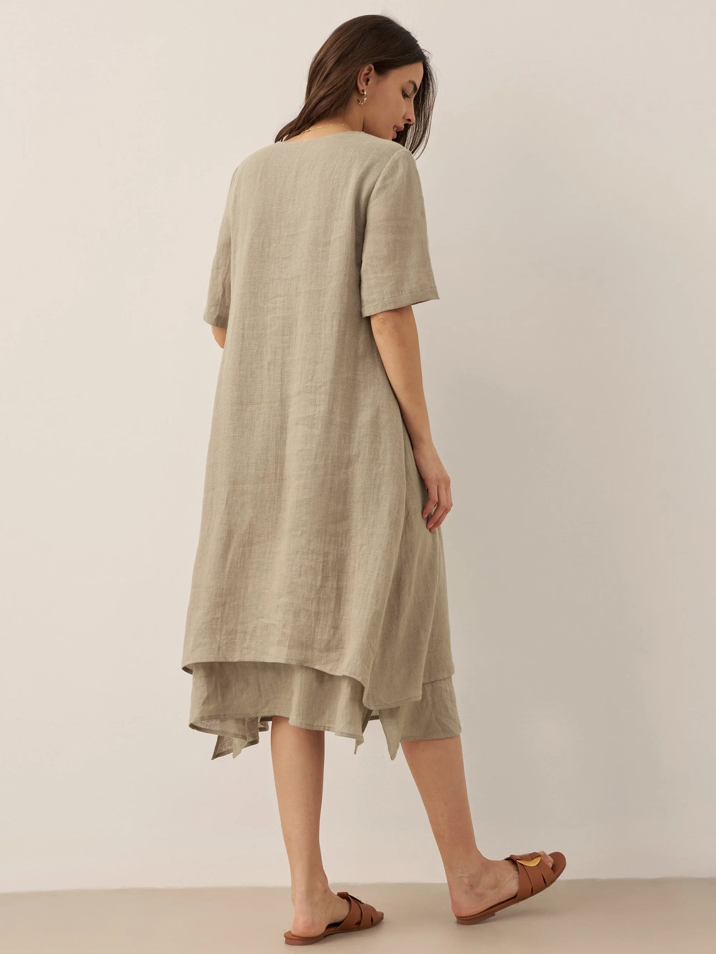 100% Linen V-Neck Double-Layer Midi Dress JAYDA