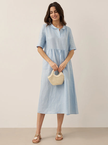 100% Linen Shawl V-Neck Pleated Maxi Dress SUSAN
