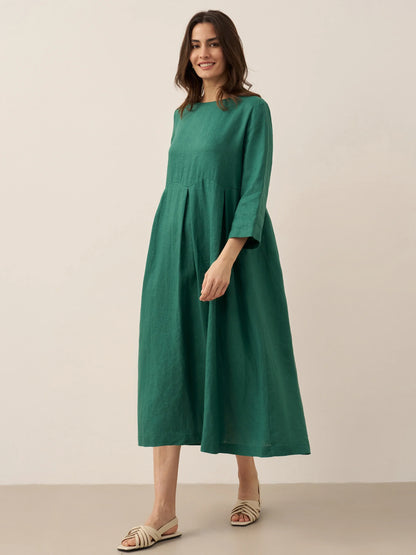 100% Linen Bateau Neck Pleated Maxi Dress ABIGAIL LINTICO