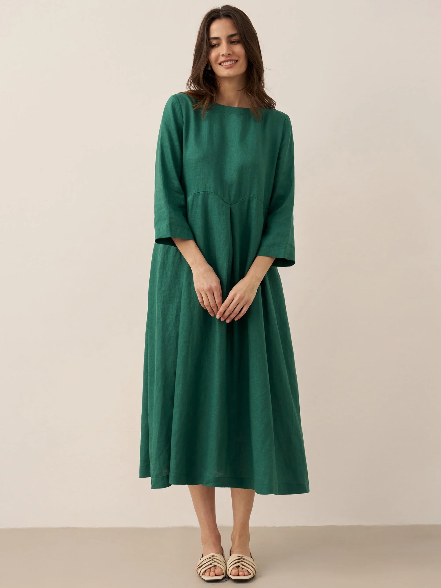 100% Linen Bateau Neck Pleated Maxi Dress ABIGAIL LINTICO