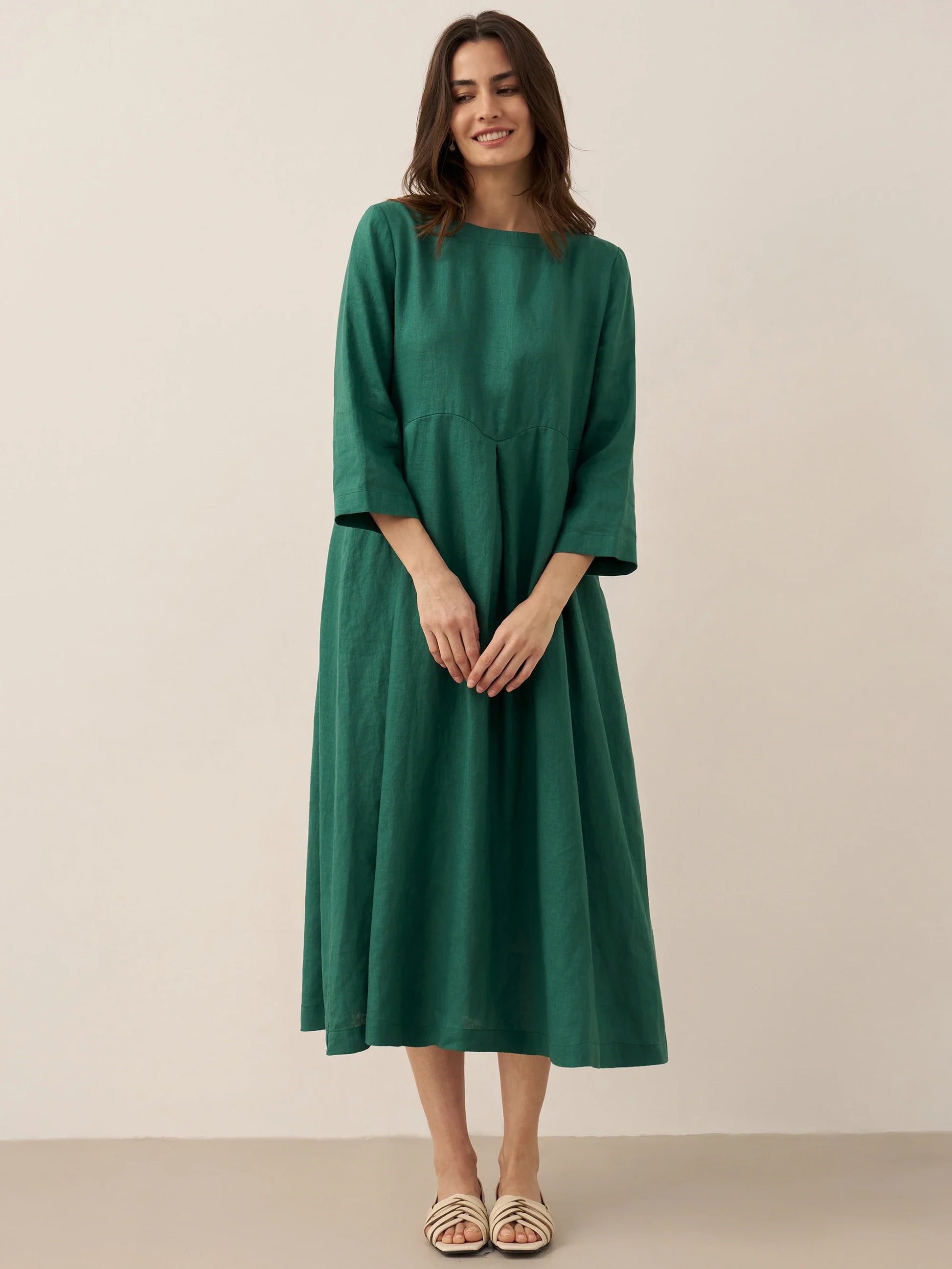 100% Linen Bateau Neck Pleated Maxi Dress ABIGAIL LINTICO