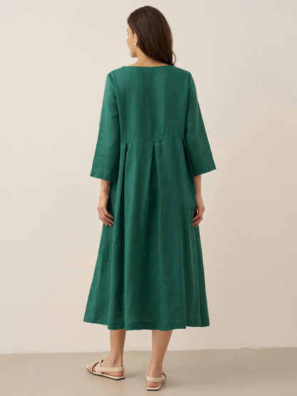 100% Linen Bateau Neck Pleated Maxi Dress ABIGAIL LINTICO