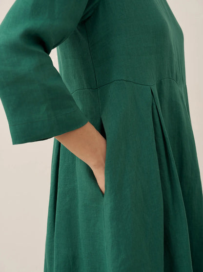100% Linen Bateau Neck Pleated Maxi Dress ABIGAIL LINTICO