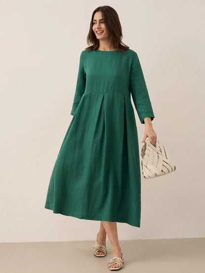 100% Linen Bateau Neck Pleated Maxi Dress ABIGAIL LINTICO