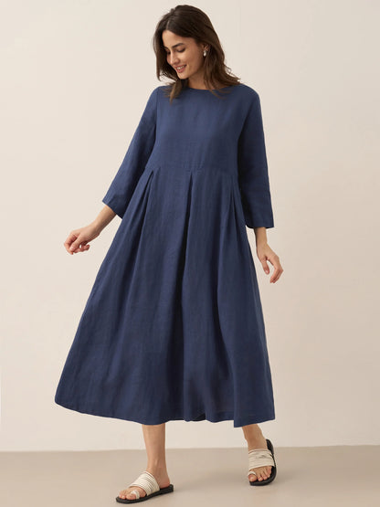 100% Linen Bateau Neck Pleated Maxi Dress ABIGAIL LINTICO