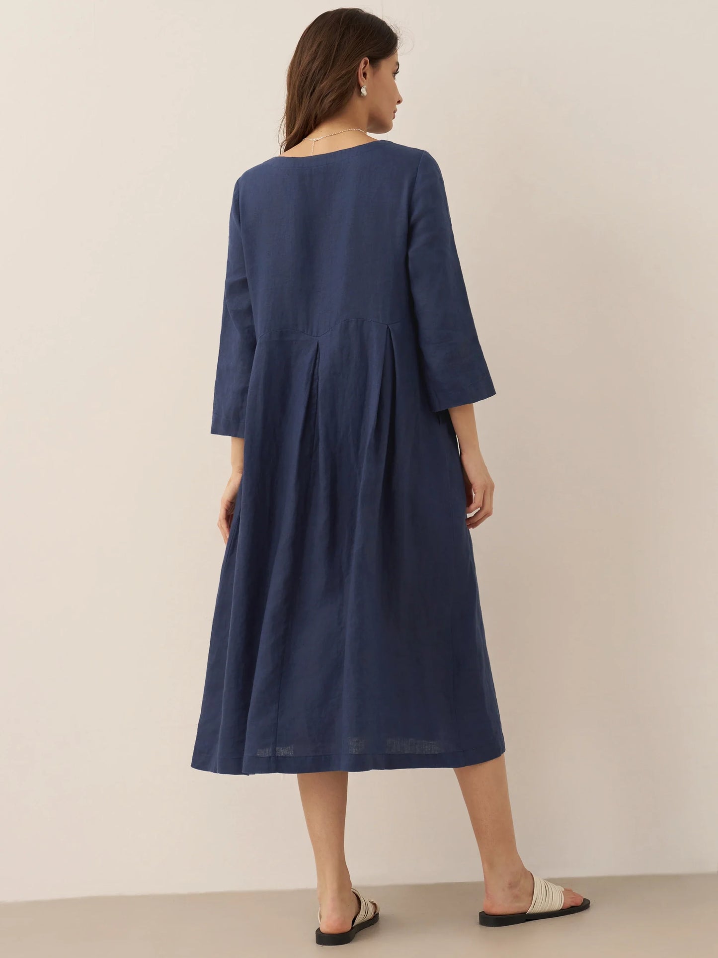 100% Linen Bateau Neck Pleated Maxi Dress ABIGAIL LINTICO