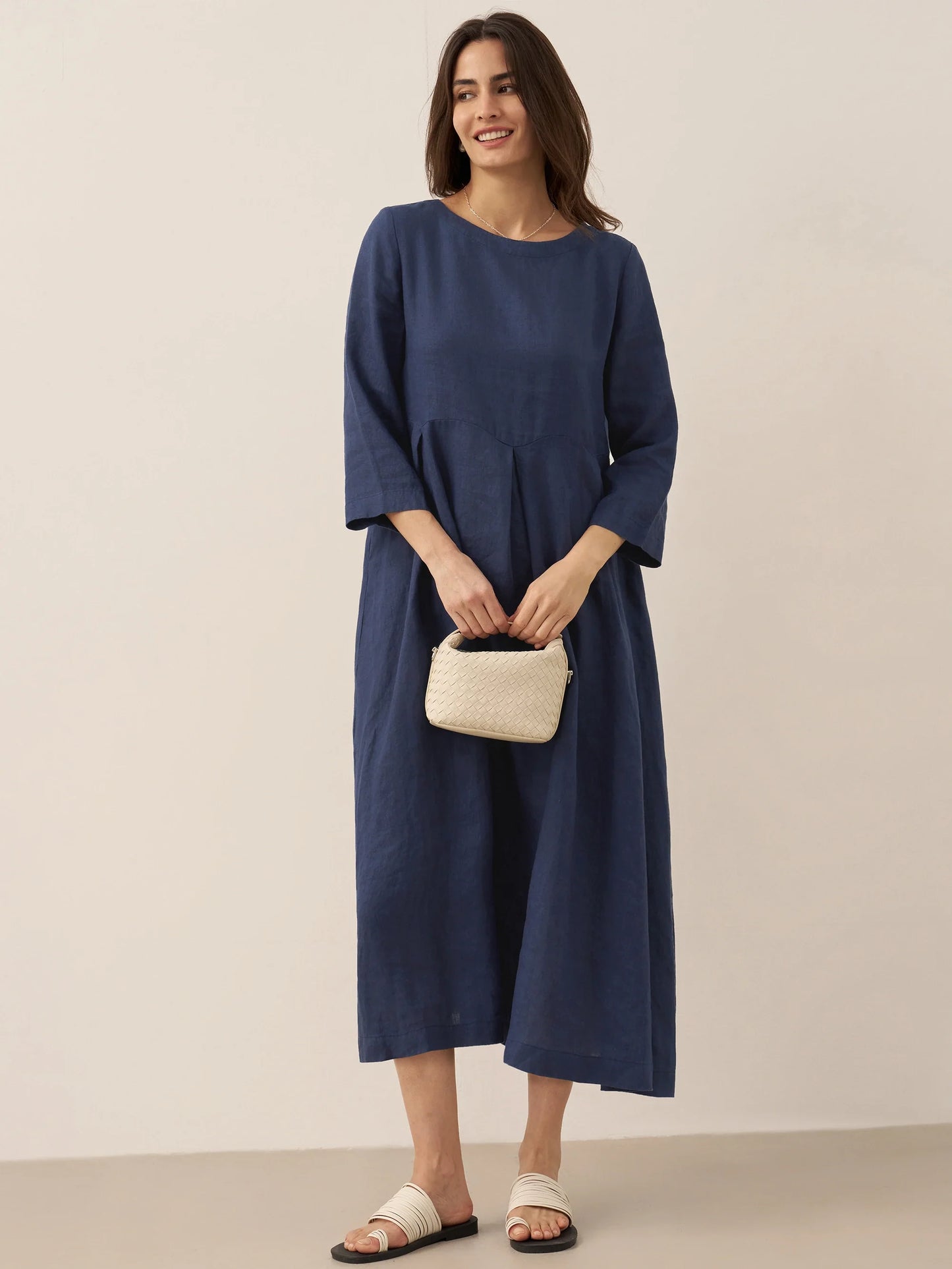 100% Linen Bateau Neck Pleated Maxi Dress ABIGAIL LINTICO