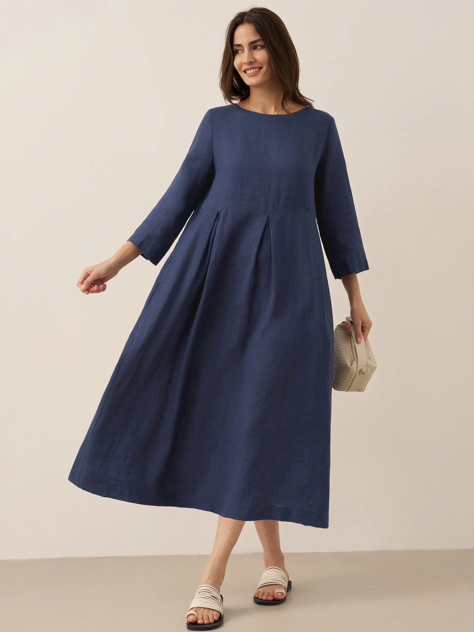 100% Linen Bateau Neck Pleated Maxi Dress ABIGAIL LINTICO